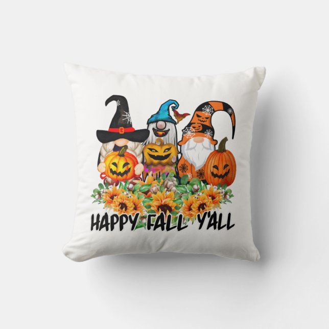 Happy Fall Y'all Gnome Leopard Gnome Sunflower Throw Pillow (Front)