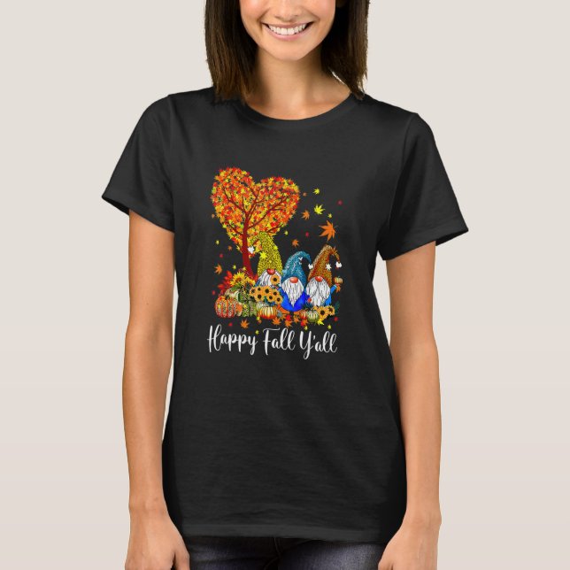 Happy Fall Y'all Gnome Leopard Pumpkin  Autumn Gno T-Shirt (Front)