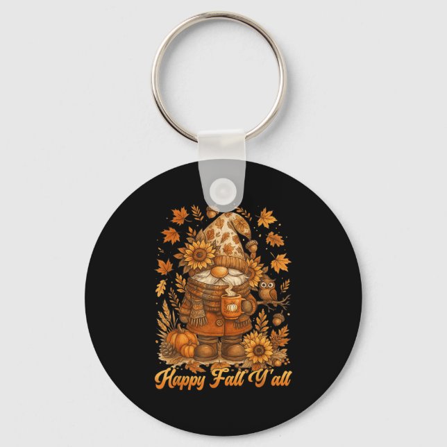 Happy Fall Y'all Gnome Pumpkin Autumn Thanksgiving Keychain (Front)