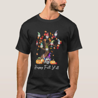 Happy Fall Y'all Gnomes Pumpkin Autumn Tree Thanks T-Shirt