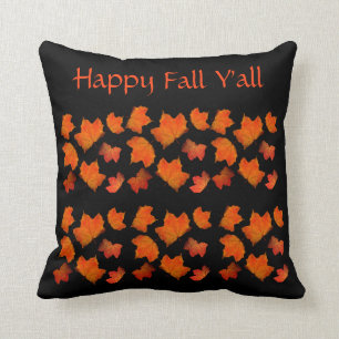 Happy Fall Y'all Orange Black Autumn Leaves Cozy Throw Pillow