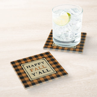 happy fall y'all orange check throw pillow glass coaster