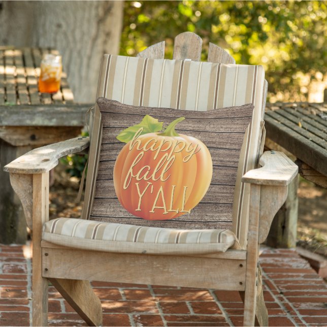 Happy Fall Y'all Orange Pumpkin on Planks Pattern Outdoor Pillow (Chair)