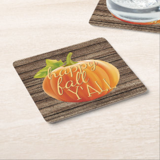 Happy Fall Y'all Orange Pumpkin on Planks Pattern Square Paper Coaster