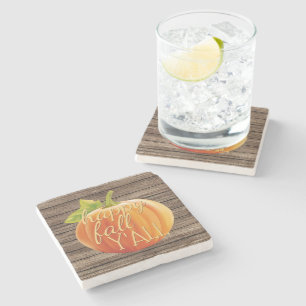 Happy Fall Y'all Orange Pumpkin on Planks Pattern Stone Coaster