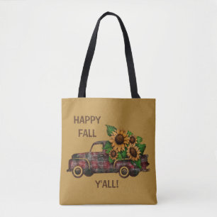 HAPPY FALL Y'ALL! Plaid Sunflowers Truck Tote Bag