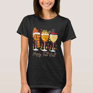 Happy Fall Y'all Plaid Wine Glass Fall Leaves Autu T-Shirt