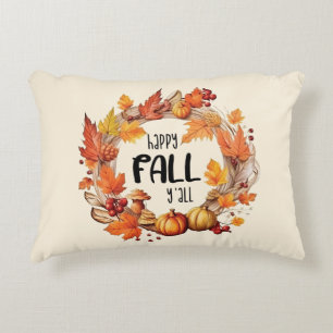 Happy Fall Y'all – Pumpkin & Autumn Leaves Wreath Accent Pillow