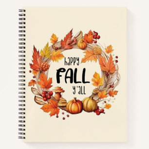 Happy Fall Y'all – Pumpkin & Autumn Leaves Wreath Notebook