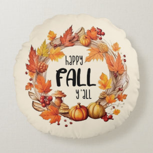 Happy Fall Y'all – Pumpkin & Autumn Leaves Wreath Round Pillow