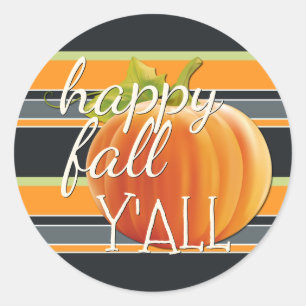 Happy Fall Yall Pumpkin On Vibrant Stripes Pattern Classic Round Sticker