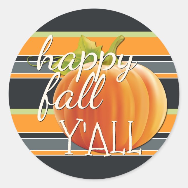 Happy Fall Yall Pumpkin On Vibrant Stripes Pattern Classic Round Sticker (Front)