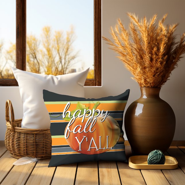 Happy Fall Yall Pumpkin On Vibrant Stripes Pattern Throw Pillow (Creator Uploaded)