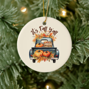 Happy Fall Y'all – Rustic Truck with Pumpkins Ceramic Ornament