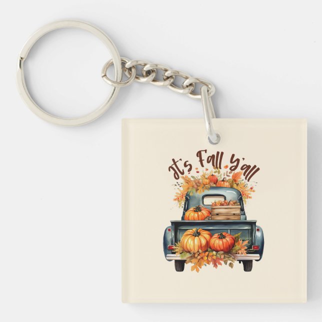 Happy Fall Y'all – Rustic Truck with Pumpkins Keychain (Front)