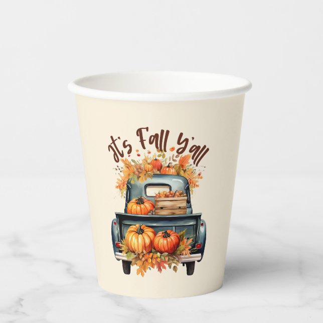 Happy Fall Y'all – Rustic Truck with Pumpkins Paper Cups (Front)