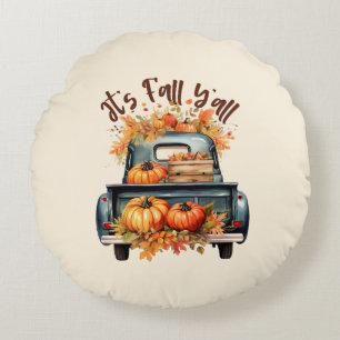 Happy Fall Y'all – Rustic Truck with Pumpkins Round Pillow