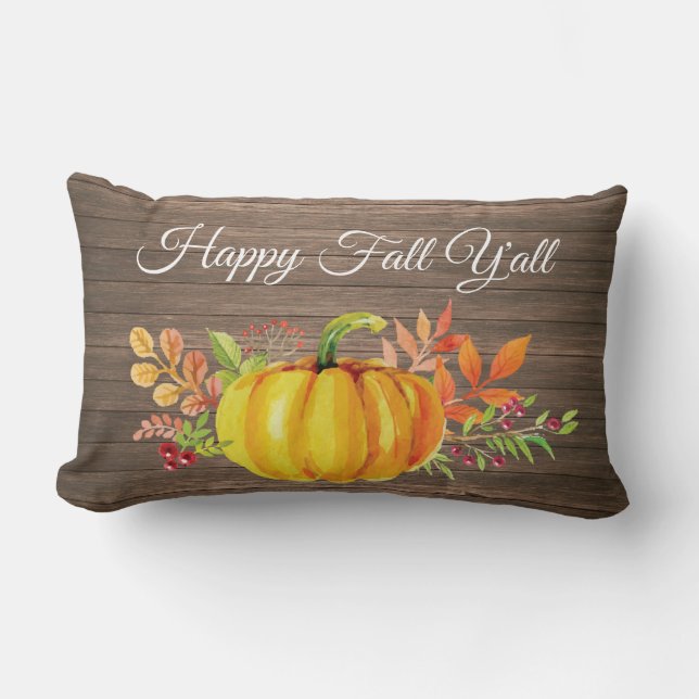 Happy Fall Y'all Rustic Watercolor Pumpkin Lumbar Pillow (Front)