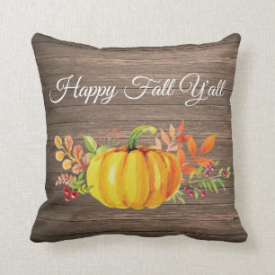 Happy Fall Y'all Rustic Watercolor Pumpkin Throw Pillow