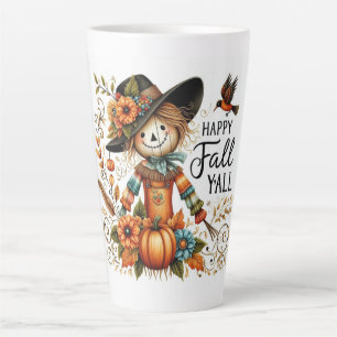 Happy Fall Ya'll Scarecrow and Autumn Foliage Latte Mug