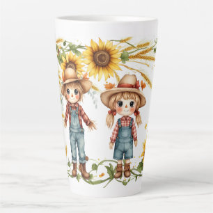 Happy Fall Y'all Scarecrow Siblings Sunflower Latte Mug