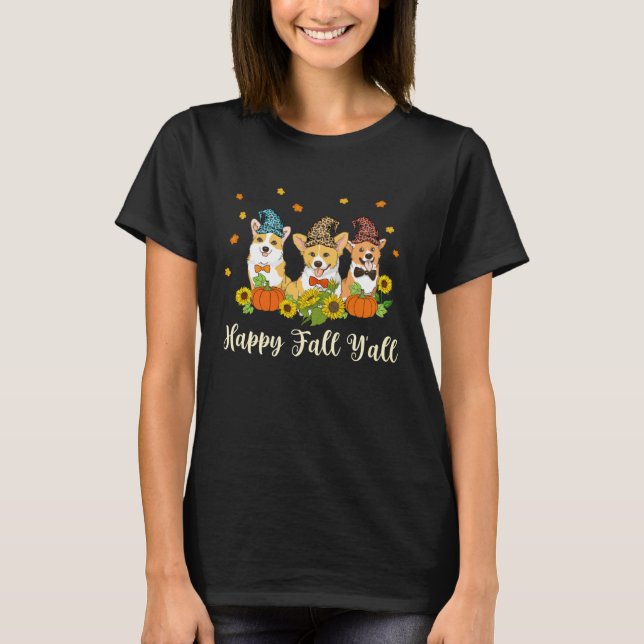 Happy Fall Yall Shirt Corgi Leopard Pumpkin Hallow (Front)