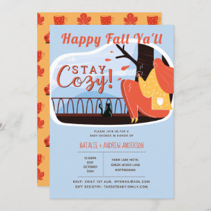 Happy Fall Ya'll Stay Cozy Folk Art Baby Shower Invitation