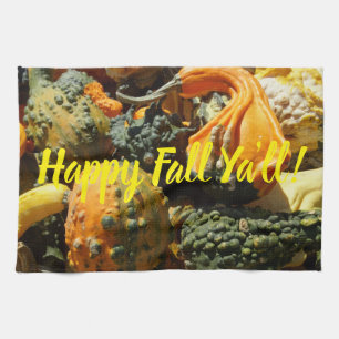 Happy Fall Ya'll with gourds on a Kitchen Towel