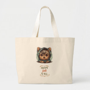 Happy Fall Y'all Yorkshire Terrier Autumn Hoodie Large Tote Bag