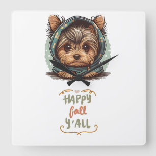 Happy Fall Y'all Yorkshire Terrier Autumn Hoodie Square Wall Clock