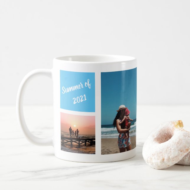 Happy Family Photo Collage Summer Vacation Memory Coffee Mug (With Donut)