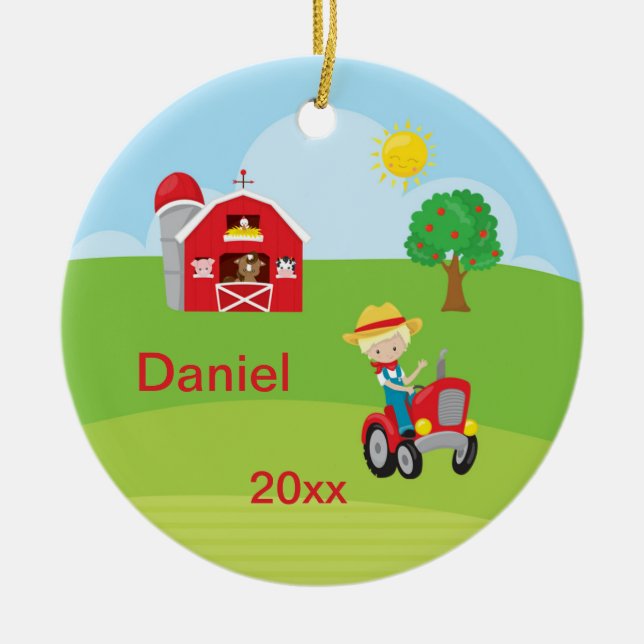 Happy Farm Boy Barn Tractor Animals Blonde Ceramic Ornament (Front)