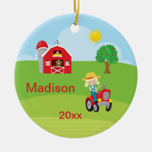 Happy Farm Girl Barn Tractor Animals Blonde Ceramic Ornament