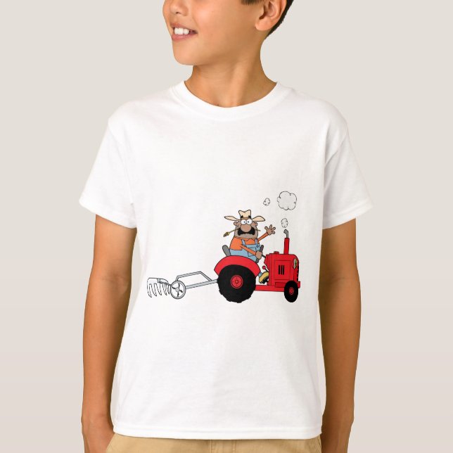 Happy Farmer using a Tractor T-Shirt (Front)