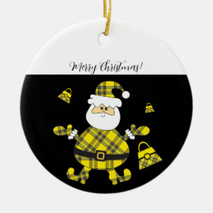 Happy Fashion Yellow Tartan Santa Ceramic Ornament