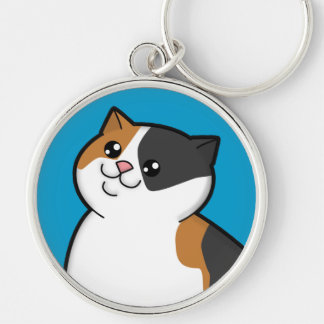 Happy Fat Calico Cat Metal Round Keychain