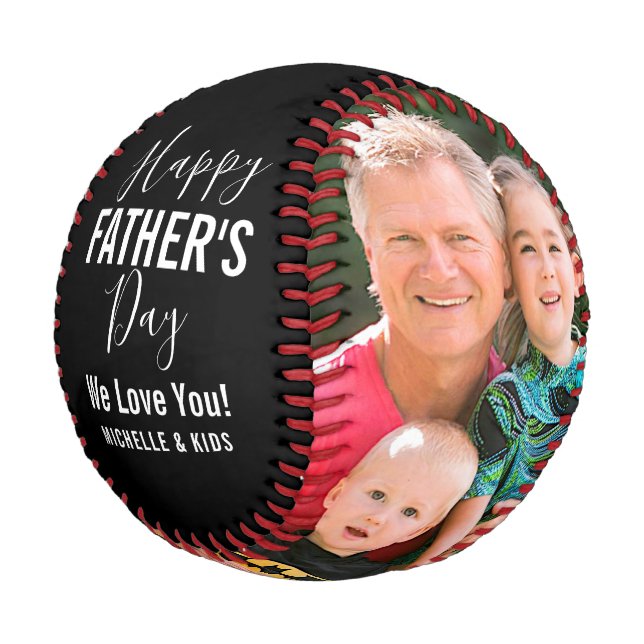 Happy Father’s Day Black Family Photo Name Script Baseball (Angled)