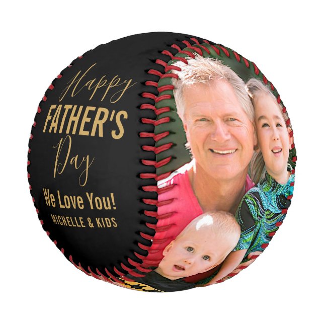 Happy Father’s Day Family Photo Gold Script Name Baseball (Angled)