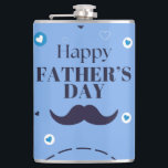 Happy Father’s Day – Moustache & Heart Design Hip Flask<br><div class="desc">This festive graphic celebrates Father’s Day with bold dark blue lettering that reads “Happy Father’s Day”. Beneath the text is a stylized moustache icon, a classic symbol of fatherhood. Surrounding the design are heart shapes in shades of white, blue, and dark blue, adding warmth and joy to the composition. The...</div>