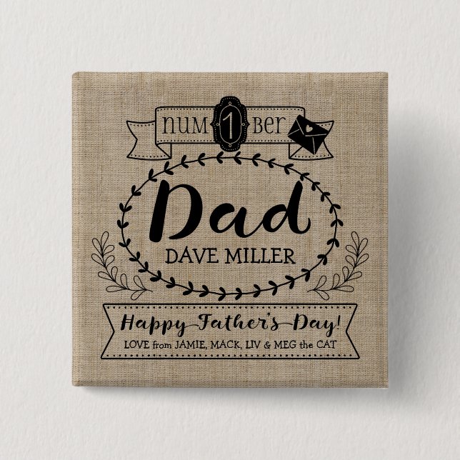 Happy Father’s Day Number 1 One Dad Monogram Logo 2 Inch Square Button (Front)