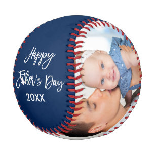 Happy Father's Day 2 Photo Brush Script Blue Baseball