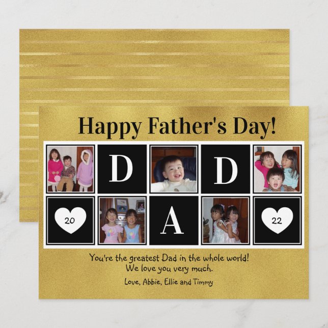 Happy Father's Day 5 Photo Gold Flat Greeting Card (Front/Back)