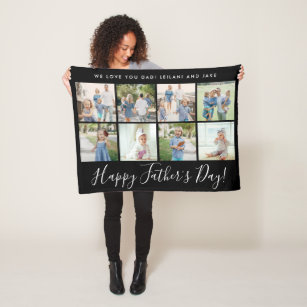 Happy Father's Day 8 Photo Collage Custom Black Fleece Blanket