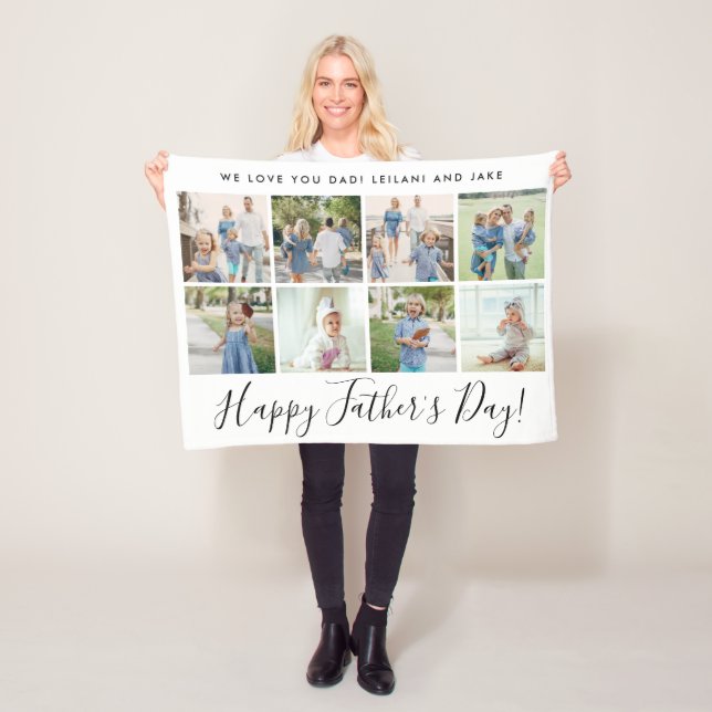 Happy Father's Day 8 Photo Collage Custom White Fleece Blanket (In Situ)