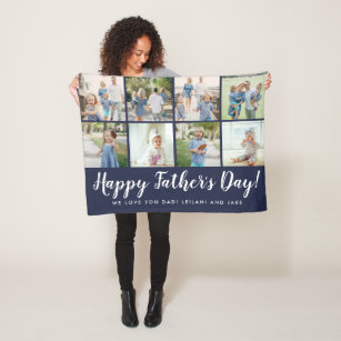 Happy Father's Day 8 Photo Collage Navy Fleece Blanket