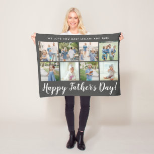 Happy Father's Day 8 Photo Custom Message   Grey Fleece Blanket