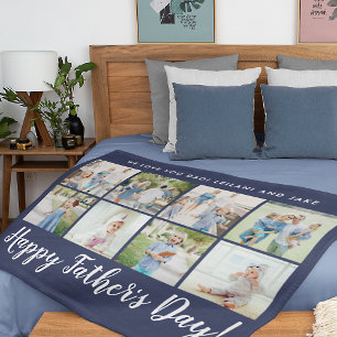 Happy Father's Day 8 Photo Custom Message   Navy Fleece Blanket
