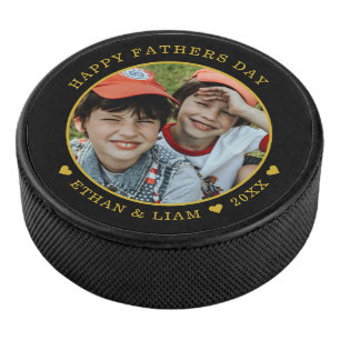 Happy Father's Day Black And Gold Kids Photo Hockey Puck