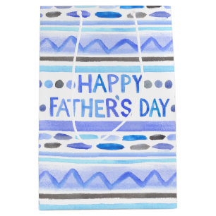 Happy Father's Day Blue Watercolor Stripes Medium Gift Bag