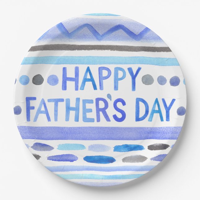 Happy Father's Day Blue Watercolor Stripes Paper Plate (Front)